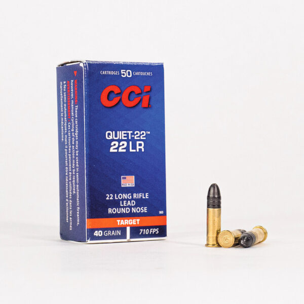 22 LR 40gr LRN CCI Quiet-22 960 Ammo Box Front with Rounds
