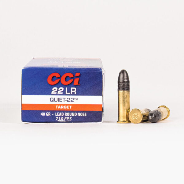 22 LR 40gr LRN CCI Quiet-22 960 Ammo Box Side with Rounds