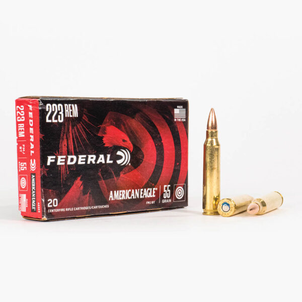 223 Rem 55gr FMJ Federal American Eagle AE223 Ammo Box Front with Rounds