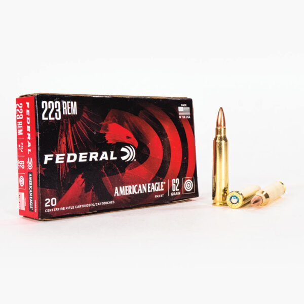 223 Rem 62gr FMJ Federal American Eagle AE223N Ammo Box Front with Rounds