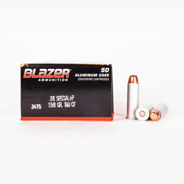 38 Special +P 158gr FMJ CF Blazer CleanFire 3475 Ammo Box Side with Rounds