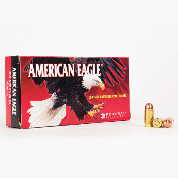 380 ACP 95gr FMJ Federal American Eagle AE380AP Ammo Box Front with Rounds