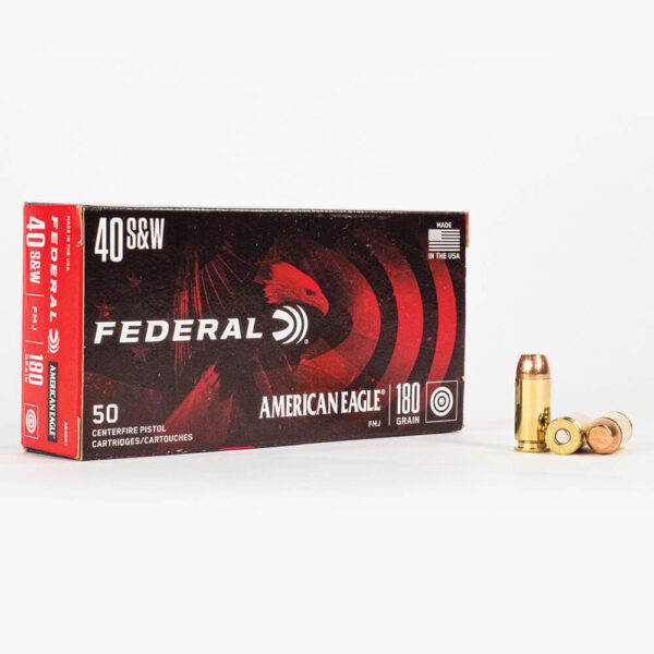 40 SW 180gr FMJ Federal American Eagle AE40R1 Ammo Box Front with Rounds