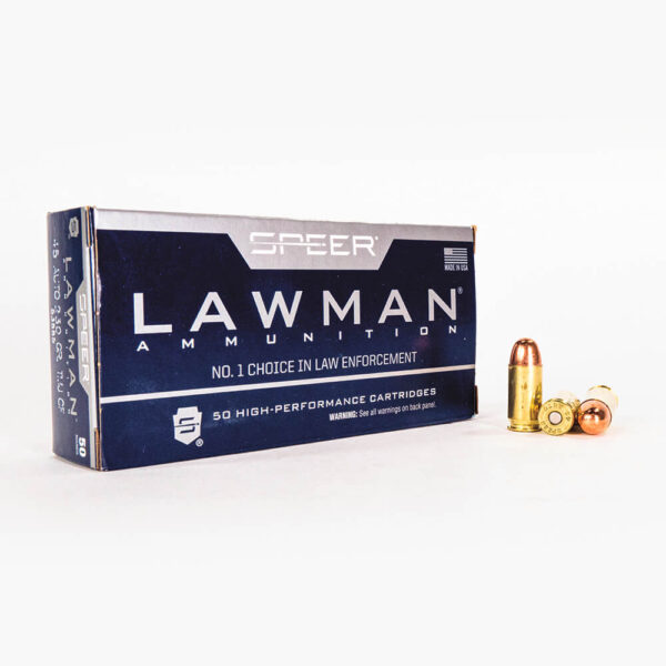 45 ACP 230gr TMJ Speer Lawman CleanFire 53885 Ammo Box Front with Rounds