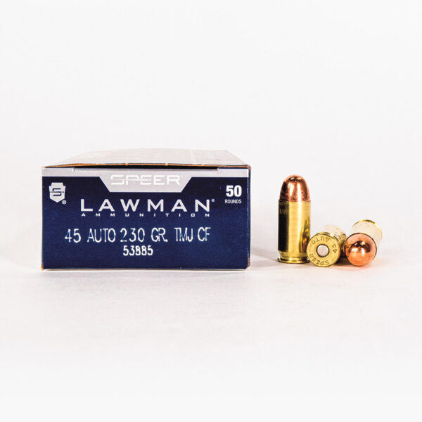 45 ACP 230gr TMJ Speer Lawman CleanFire 53885 Ammo Box Side with Rounds