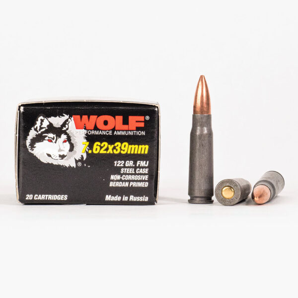 762x39mm 122gr FMJ Wolf WPA Steel Case Ammo Box Side with Rounds