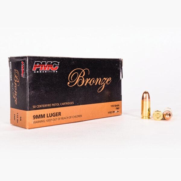 9mm Luger 115gr FMJ PMC Bronze 9A Ammo Box Front with Rounds