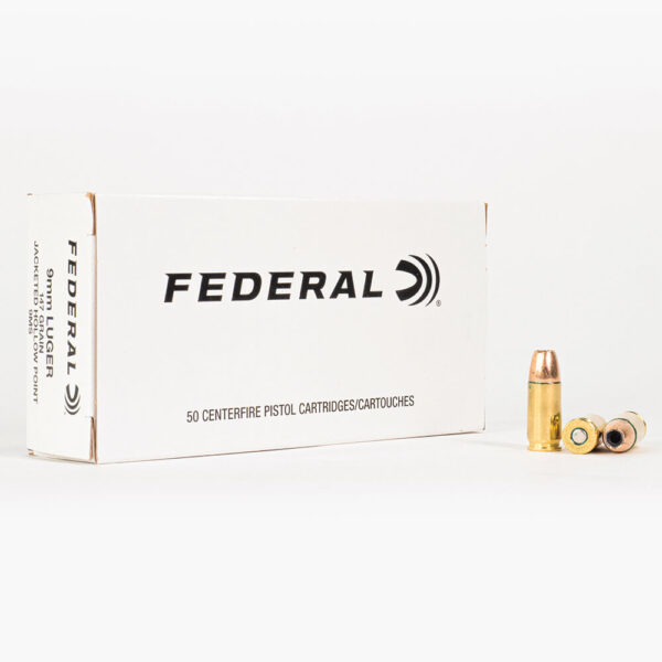 9mm Luger 147gr JHP Federal White Box 9MS Ammo Box Front with Rounds