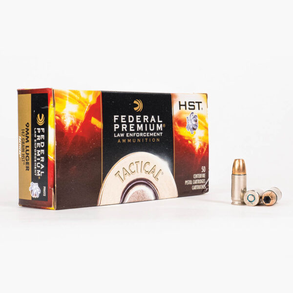 9mm Luger 147gr JHP HST Federal Law Enforcement P9HST2 Ammo Box Front with Rounds