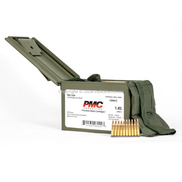 PMC Bronze 223A MB 223 Remington 55 Grain FMJ Ammo Can Open w Bandolier and Ammo
